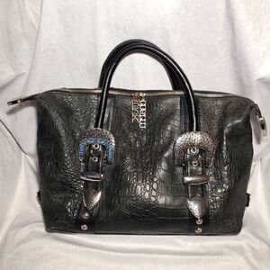 Charm and Luck Charcoal Black Croc Embossed Purse Front Buckles